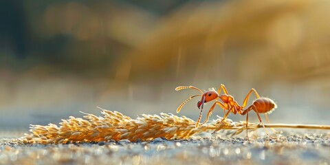 A red ant is standing on a green grassy area