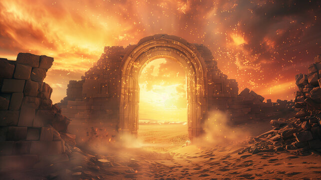 Sunset Through Majestic Stone Arch in Mystic Desert.