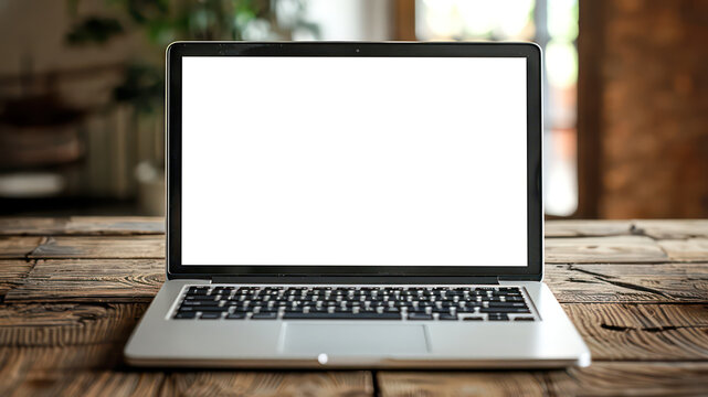 Laptop with blank transparent screen on the table near the window in a cozy school classroom. Mockup image
