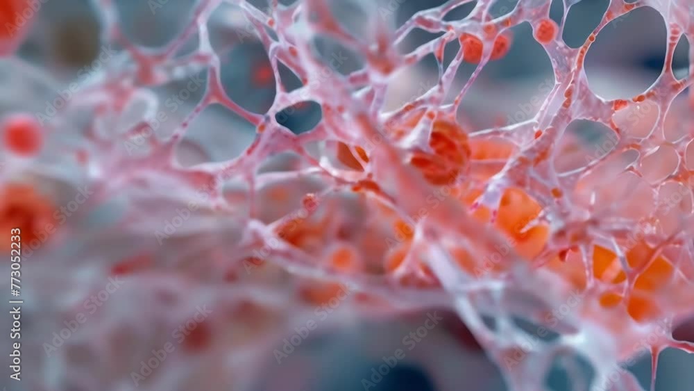 Poster a macro shot of a clot forming with the meshlike structures of fibrin fibers and platelets visible. 