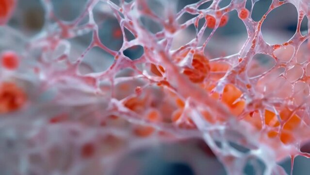 A macro shot of a clot forming with the meshlike structures of fibrin fibers and platelets visible. Red cells can also be seen getting . AI generation.