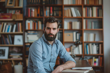professional photo of determination of a young bearded businessman posing on a desk in a home office, with a softly blurred background of shelves filled with books and motivational - obrazy, fototapety, plakaty