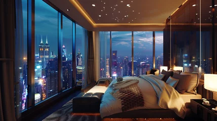 Foto op Plexiglas An extravagant bedroom enclave with floor-to-ceiling windows framing an awe-inspiring panorama of the cityscape illuminated by night.  © Sumia