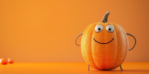 A pumpkin with a smiley face on it is sitting on a yellow background