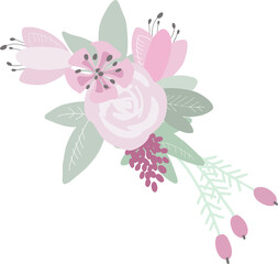 Bouquet of isolated primitive botanical elements (leaves, flowers) - cute digital art. Digital arrangement perfect for weddings, birthdays, Mother's Day