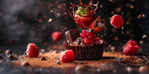 A chocolate dessert with raspberries and blackberries on top - obrazy, fototapety, plakaty