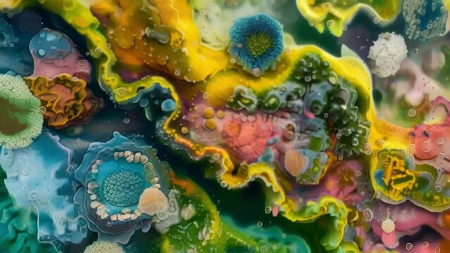 A colorful image of a biofilm formed by cyanobacteria growing on the surface of a submerged rock. Swirling patterns and a mix of bright . AI generation.