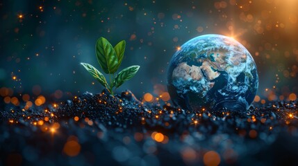 Blue planet Earth with green plant sprouts. Geometric background. Wireframe light connections. Modern 3D graphic. Modern image. - obrazy, fototapety, plakaty