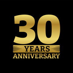 30 years logo or icon. 30th anniversary golden badge. Birthday celebrating, jubilee emblem design with number twenty. Vector illustration.