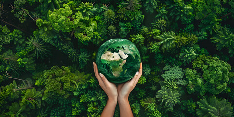 Top view of a green forest with a globe, green planet in your hands