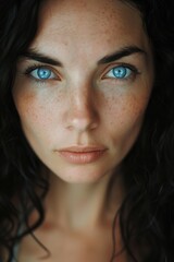 Fototapeta premium Portrait of a woman , with detailed features that include black hair and captivating blue eyes. 