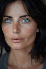 Fototapeta premium Portrait of a beautiful woman, with detailed features that include black hair and captivating blue eyes.