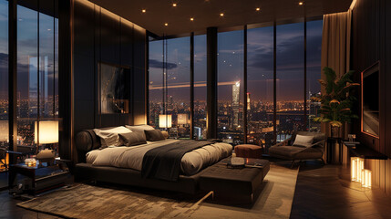 An indulgent bedroom sanctuary boasting floor-to-ceiling windows that offer an unrivaled view of the city lights at night. The decor is sleek, modern, and meticulously curated for luxury. 8K - obrazy, fototapety, plakaty