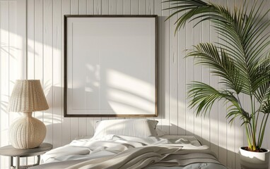 Mockup frame close up in coastal style home interior background, 3d render