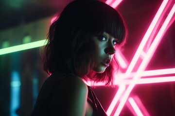 a woman looking back in front of pink and blue lights