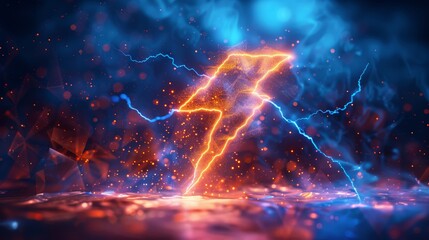 The lightning icon has a low poly style design and an abstract geometric background. The lightning icon has a wireframe light connection structure. The lightning icon has a modern graphic concept.