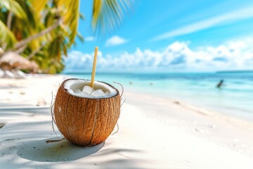 Tropical fresh coconut cocktail on a beach with white sand, blue ocean and clear sky in the...