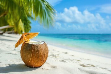 Tropical fresh coconut cocktail on a beach with white sand, blue ocean and clear sky in the background - obrazy, fototapety, plakaty