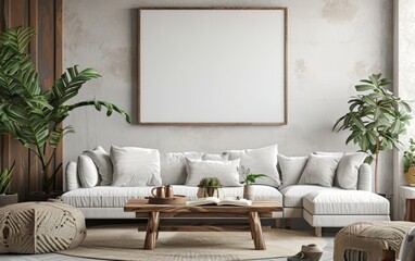 Mockup frame close up in coastal style home interior background, 3d render