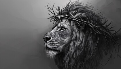 Lion of Judah - A lion with a crown of thorns, representing the strength and resilience of the lion, and the connection to the biblical story of King David. Generative AI - obrazy, fototapety, plakaty
