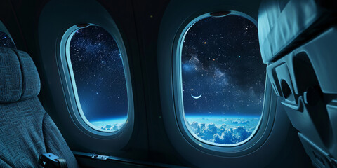 A view of the Earth from an airplane window with a starry sky in the background - Powered by Adobe