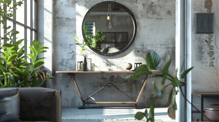An inviting entryway in a Scandinavian loft, with a sleek console table, oversized mirror, and...