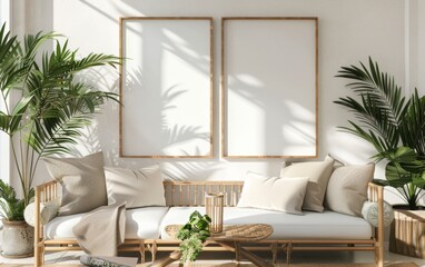 Fototapeta premium Mockup frame close up in coastal style home interior background, 3d render