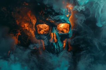 skull burns smoke night horror fear - obrazy, fototapety, plakaty