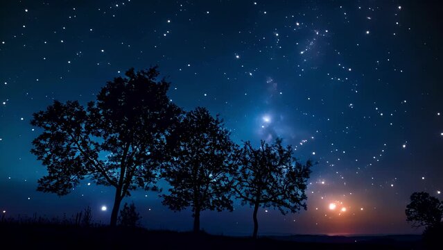 The silhouettes of trees against the starry sky create a picturesque setting for your picnic.