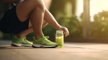 Fitness man tying running shoes and green smoothie breakfast. - obrazy, fototapety, plakaty