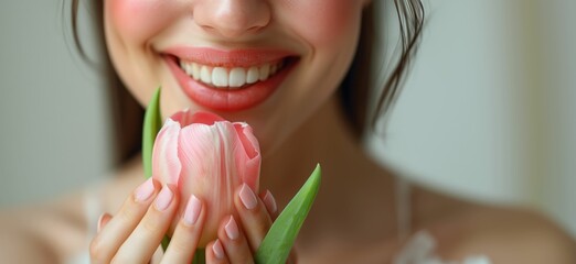 Beautiful girl with tulips in her hands on a white background, close-up - obrazy, fototapety, plakaty