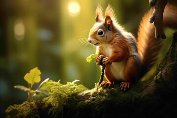 A fluffy squirrel perched on a moss-covered branch, nibbling on an acorn with lush greenery in the background. Sunlight filters through the leaves, casting a warm glow on the adorable scene.