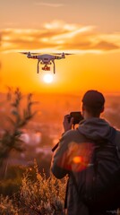 Fototapeta na wymiar Filmmaker Capturing Cinematic Sunset Scene with Aerial Drone for Storytelling