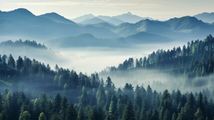 Mountain taiga, a wild place in Siberia. Coniferous forest, morning fog, panoramic view. - obrazy, fototapety, plakaty