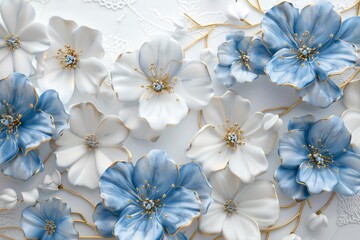 Flower Power Blue and White Blossoms in a Modern Mosaic Generative AI