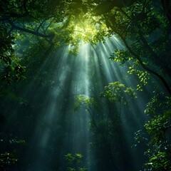 Sunrays Filtering Through a Lush and Dense Forest Creating a Spotlight on Nature s Ethereal Stage Inviting Feelings of Hope and Illumination