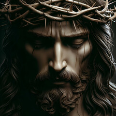 Closeup portrait of Jesus Christ sculpture with crown of thorns.
 - obrazy, fototapety, plakaty