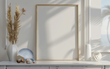 Obraz premium Mockup frame close up in coastal style home interior background, 3d render