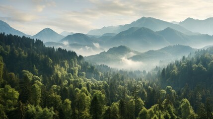Mountain taiga, a wild place in Siberia. Coniferous forest, morning fog, panoramic view. - obrazy, fototapety, plakaty