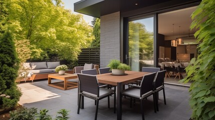 Elegant modern patio area design  with furniture, dining table, barbecue , garden. House is owned. Housing loan concept