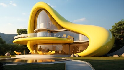 a yellow curved building with glass walls and a pool - Powered by Adobe