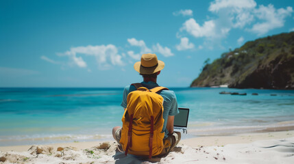 Nomad an sitting on beach with laptop, journey, sand, recreational pursuit - obrazy, fototapety, plakaty