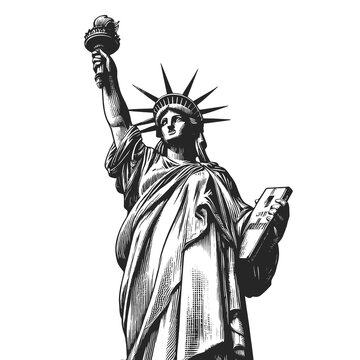 Statue of Liberty holding a torch and tablet, symbolizing freedom sketch engraving generative ai fictional character raster illustration. Scratch board imitation. Black and white image.