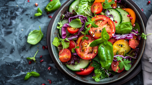 Salad with tomatoes, cucumbers, and greens on dark background, leaf, healthy eating, meal, lunch