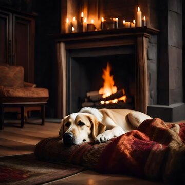 Dog sleep near a fireplace .