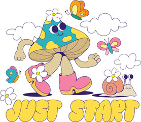 Fototapeta premium Retro groovy mushroom mascot character sublimation design