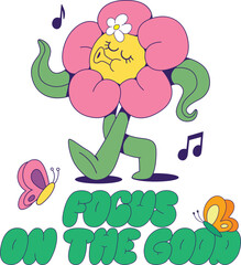 Retro groovy flower mascot character with quote