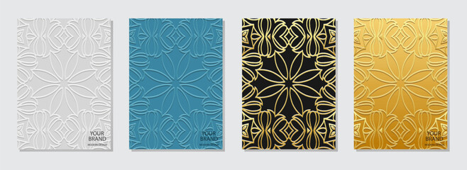 Set of covers, vertical templates. Floral collection of embossed, geometric backgrounds with ethnic 3D pattern. Doodling, handmade, boho. Vintage exoticism of the East, Asia, India, Mexico, Aztec