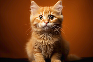 A fluffy orange kitten in a playful pose on a vibrant orange background.