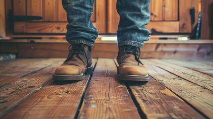 A depiction of a young man's fashionably dressed legs in jeans and boots, positioned on a wooden floor